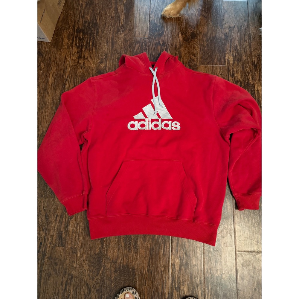 Adidas Mens Red Pullover Hoodie White Logo Sweatshirt 2XL Large Logo